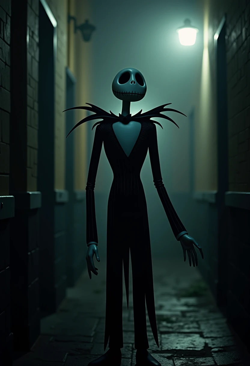 nightmare before christmas jack, realistic, stading in a dark urban scene, cinematic utlra hd