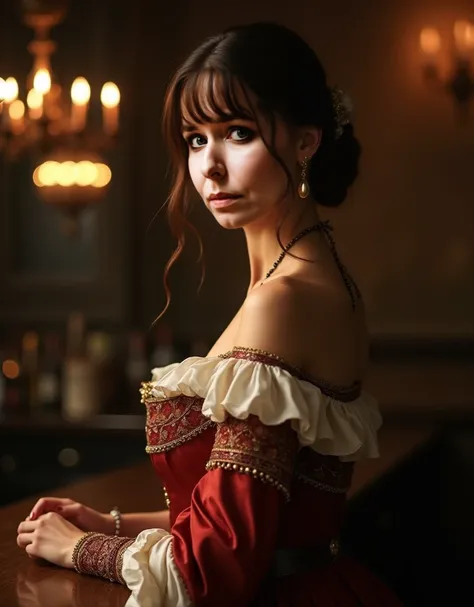 a beautiful woman in renaissance style standing at a bar, close-up, covered chest, covered clothing, elegant pose, exquisite details, masterpiece, photorealistic, 8k, high quality, dramatic lighting, chiaroscuro, warm colors, regal, dignified, refined, tim...