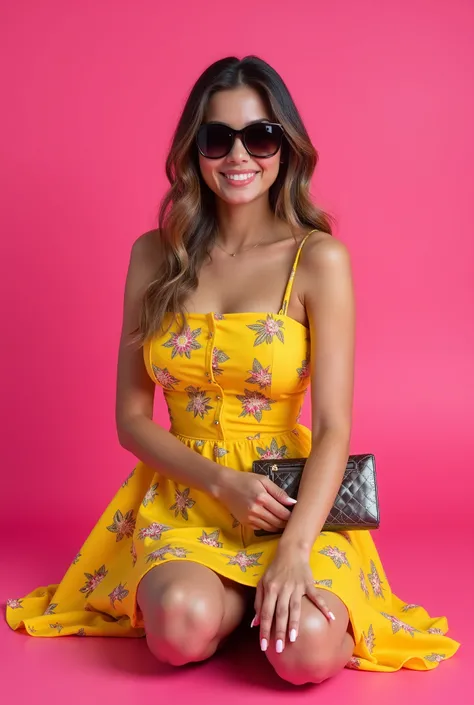 realistic image in 4k quality, of a beautiful sexy Latin girl , happy, coquette,  modeling a modern yellow floral dress, tropical, Sitting modeling clothes,  She wears dark sunglasses , an elegant wallet , Modeling like for a youth magazine cover, isolated...