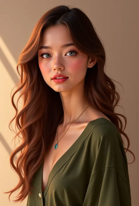 a young woman wearing a necklace with long brown hair and blue eyes,  in the style of precisionist , wavy, textural layers, amber and pink light, olive cotton, flattering lighting, effortlessly chic