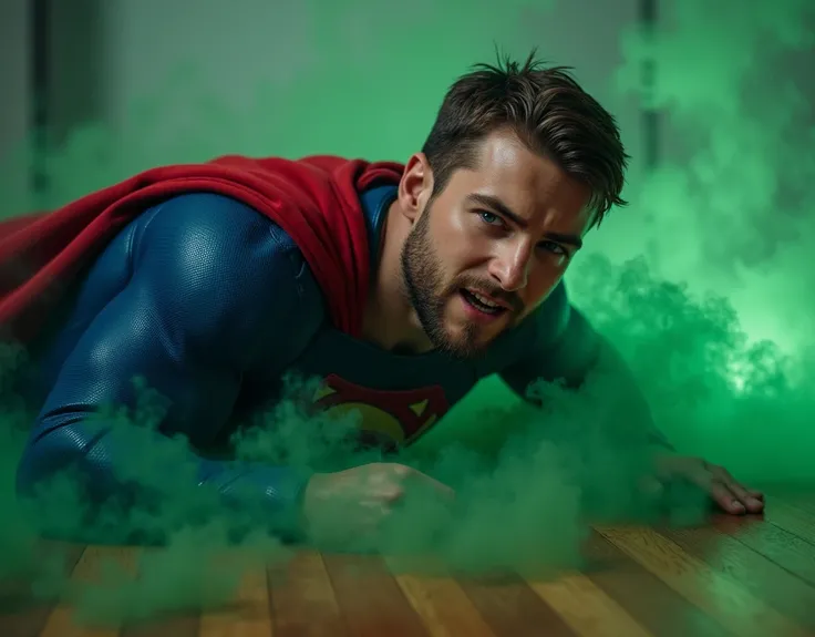 side view shot, of an attractive European Man, ericjanicki, Handsome, blue coloured eyes, short brunette hair, 30 years old, beard,blue and red superhero costume,crawling on wooden floor,grimacing facial expression,suffering,pain,hurt,agony, green gas eman...