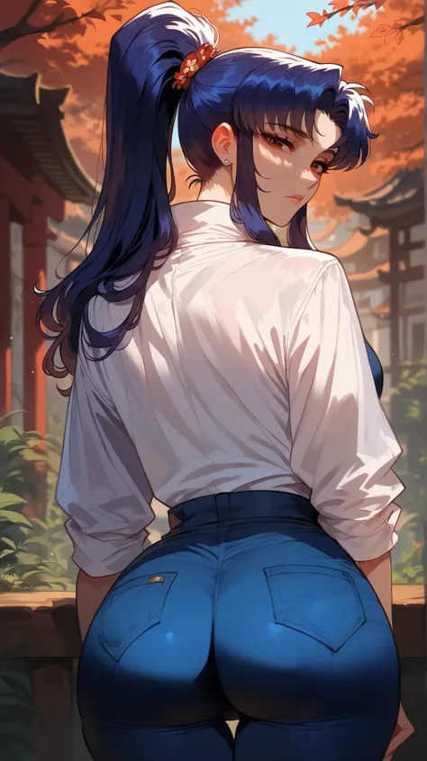 Misato Katsuragi style,  perfect eyes,  perfectly sexy face , ultra detailed,  ultra perfect eyes, hair tied like a ponytail ,  big beautiful woman ,  rear view , dark blue shorts, Body,  looking at the viewer,