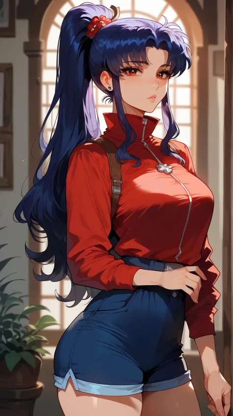 Misato Katsuragi style,  perfect eyes,  perfectly sexy face , ultra detailed,  ultra perfect eyes, hair tied like a ponytail ,  big beautiful woman , standing, dark blue shorts, Body,  looking at the viewer,