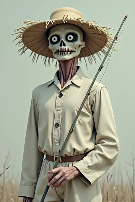  A scarecrow made of human skin with shirt buttons instead of eyes, his mouth sewn shut. 
A fishing rod in hand