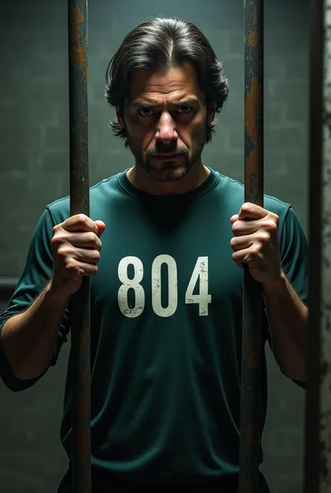 Create a image of Imran Khan behind the prison jail and write his shirt number 804