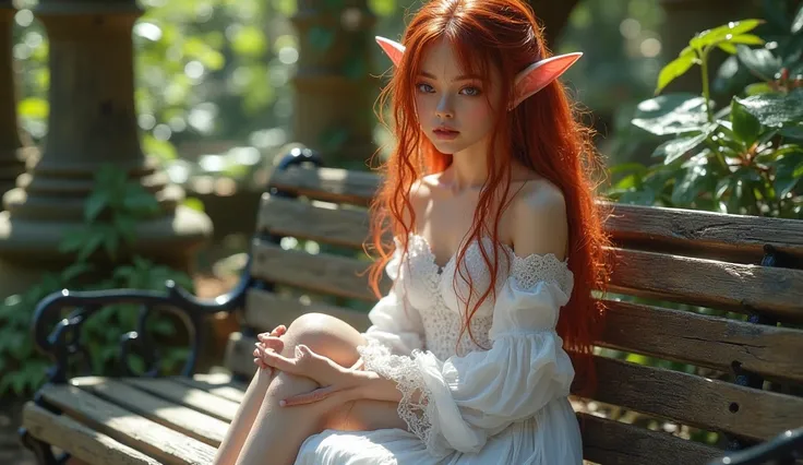 ("the main thing would be a poster welcoming people")model 8 k girl is sitting on a bench looking like an elf dressed she is wearing a white dress with ajar breasts she has a leg on her leg red hair purple eyes 