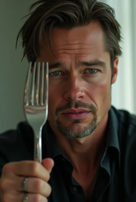 Brad Pitt hold fork in front of his face