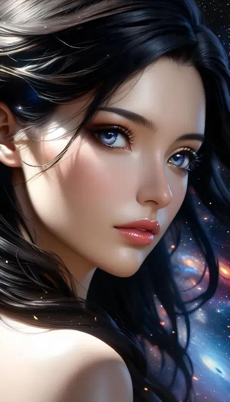 detailed portrait of a beautiful young woman, 1 girl, elegant pose, particles, wind, flower, close-up, simple background, direct eye contact with viewer, long messy black hair, cosmic, nebula, galaxy, (best quality, 4k, 8k, highres, masterpiece:1.2), ultra...