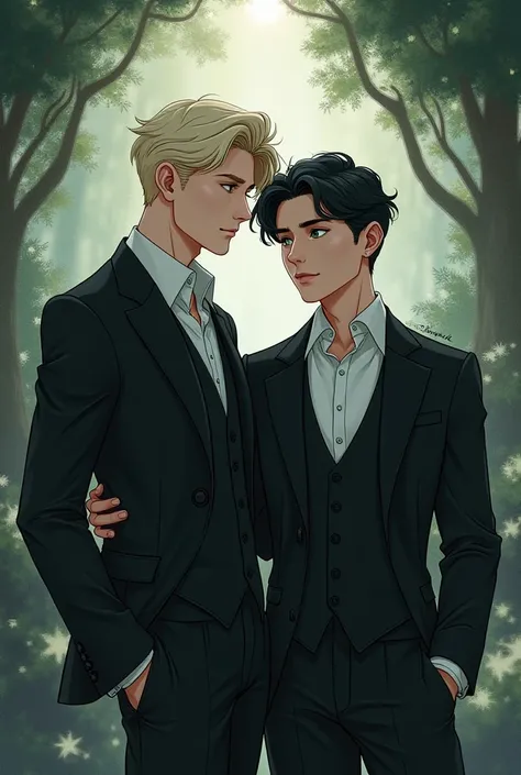  illustration ,fantasy book ,friends, Handsome white man ,  short blond hair , green eyes with a white man ,  short black hair, blue eyes,  los dos llevan traje negro y son friends 