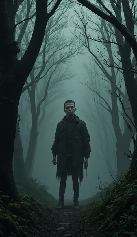 A terrified man,  with pale skin and big, desolate eyes ,  standing in a misty Irish forest , and creepy shadows behind him, in the style of a supernatural horror .