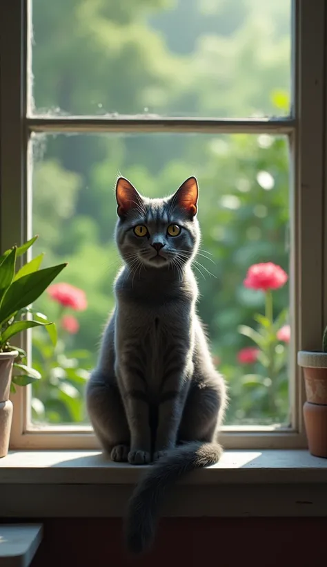 A handsome grey cat sitting alone on a windowsill, looking out at the garden with a hint of sadness in his eyes.