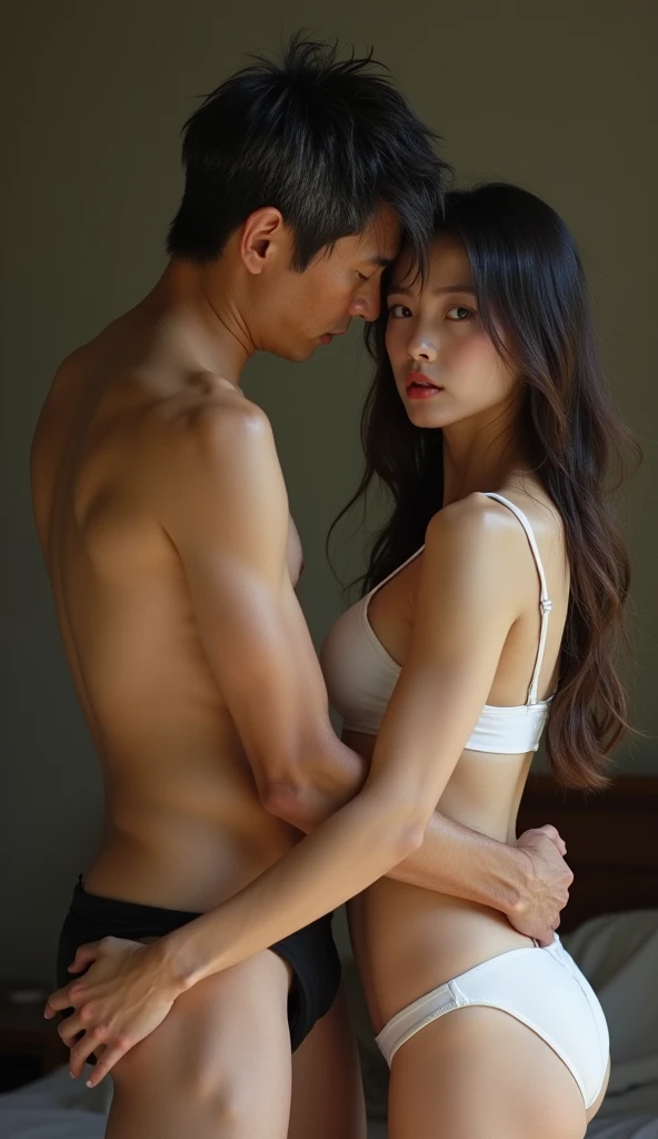 22-years-old Japanese girl, very beautiful, large breasts, long straight hair but messy, nipples, naked, wearing white sexy bra and panties, kneeling in front of a naked Chinese old man, looking towards the camera, the man’s hand is holding her shoulder tr...