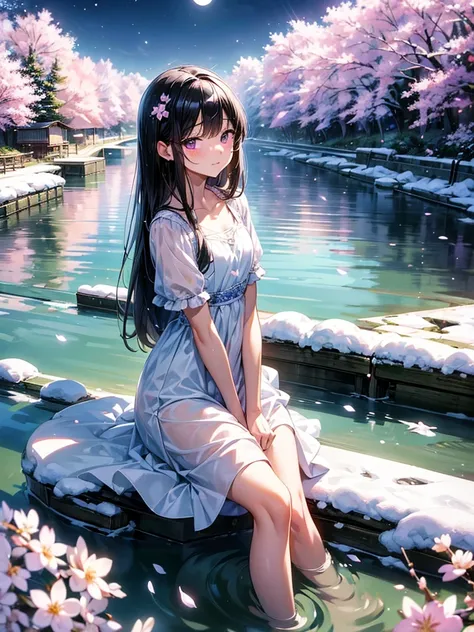  masterpiece, Best Quality , high resolution,Perfect light and shadow,8k wallpaper,illustration, ray tracing, a cute girl ,black hair,Long straight hair, purple eyes,Creek,snow,Tiny moon,Cherry blossoms,, white dress,, all wet ,People by the creek 