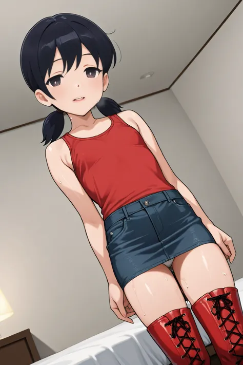 shizuka_minamoto,1 female,solo, rating_SAFETY,looking at viewer,
I_,wet Black hair,low twin tail,short twin tail,dark eyes,
face_concentration,smile,

red leather tank-top,red lace up boots,thigh-high boots,high heels,jeans skirt（1.3）,miniskirt,white panty...