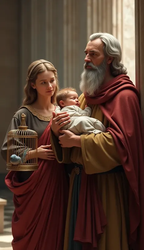  realistic illustrative of the teacher of the law with the baby Jesus in the arms of the master of the law , Mary and Joseph masterpiece ,  best quality, highly detailed, ( Realistic photo:1.2),  ( detailed face:1.3),  next to it is Mary and Joseph holding...