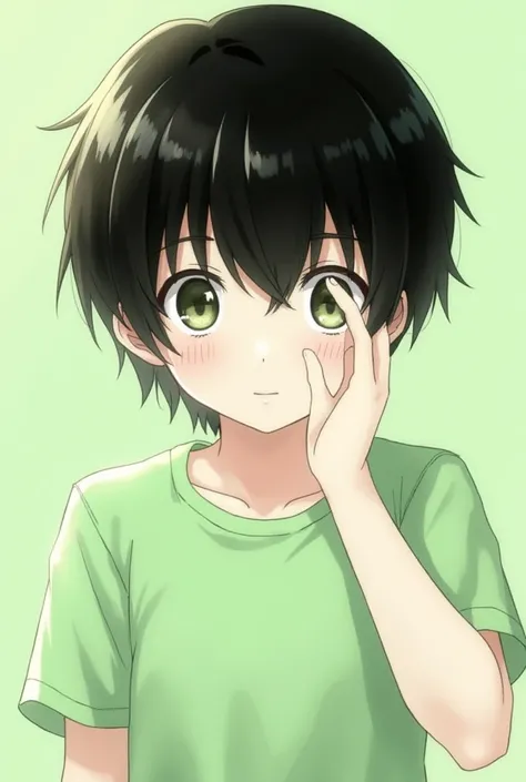 Peresogem from anime with delicate features of fair skin short black hair wearing light green blouses with bangs covering the eyes boy RPG boy hair covering his eyes many details looking from the front with a light green t-shirt short hair boy BOY BOY 