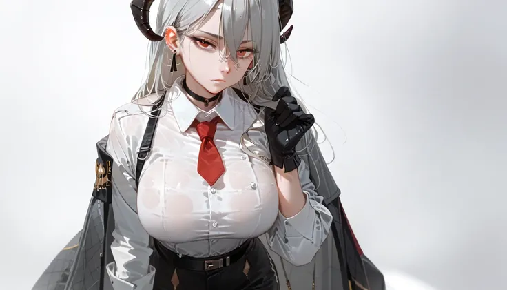 masterpiece, best quality, solo, 1girl, z4ni, expressionless, looking at viewer, standing, adjusting gloves, long hair, multicolored hair, grey hair, hair between eyes, goat horns, demon horns, red eyes, grey coat, coat on shoulders, white shirt, collared ...