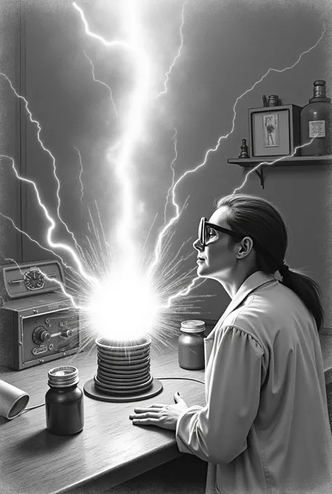 pencil sketch, Tesla coil, scientist, electricity arcs, laboratory, protective goggles, sparks, realistic drawing, black and white, detailed shading, vintage science experiment