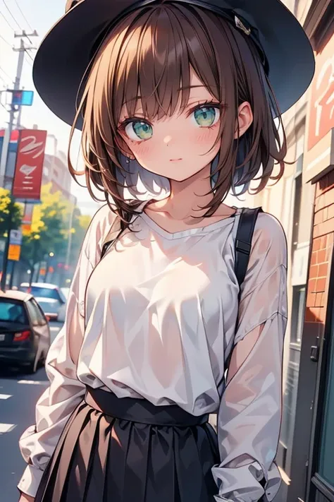 best quality, high definition, 16k, very detailed, 2.5D, woman(155cm tall、Small face、brown hair, shortcuts、  green eyes , Slightly small breasts,cute face)、hat、Casual attire