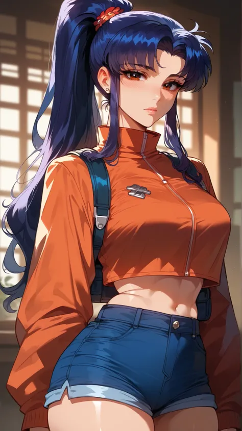 Misato Katsuragi style,  perfect eyes,  perfectly sexy face , ultra detailed,  ultra perfect eyes, hair tied like a ponytail ,  big beautiful woman , standing, dark blue shorts, Body,  looking at the viewer,