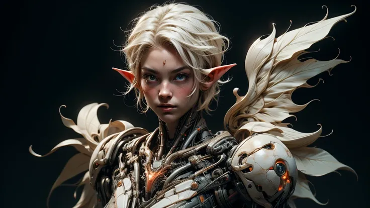 create 1 female half robot,scar in face,details,wings in the back,closeup,looking camera,short white hair,detailed face,elf ear,8k resolution,madness face,solid black background