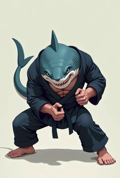 A Shark with a muscular human body, With the white breastplate, wearing a white jiu jitsu kimono in the front position, wearing a black cartoon stripe 