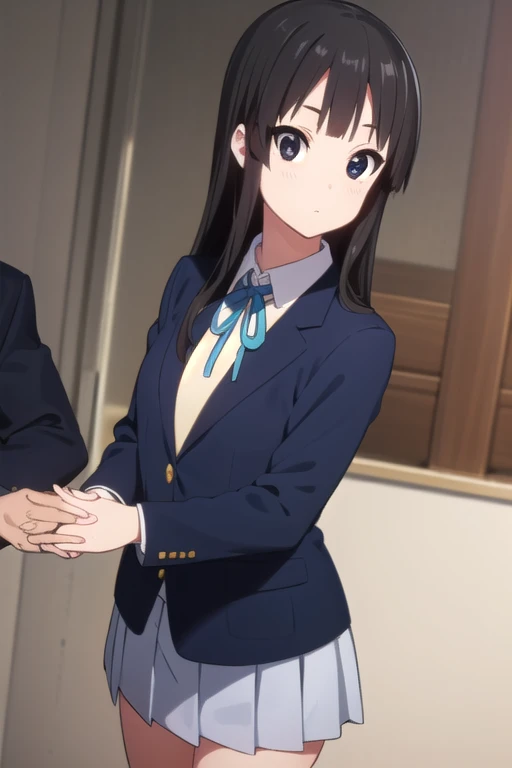 mioakiyama, Mio Akiyama,  long hair, bangs,   black hair, (  Black Eyes :1.3), hime cut,
break sakuragaoka high school uniform, school uniform, uniform,  blazer,  shirt, white  shirt, collared  shirt,  skirt, pleated  skirt,
break indoors, classroom,
break...