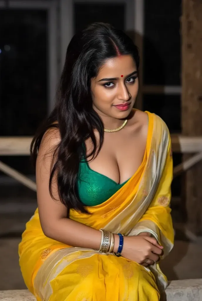 photo of hourglass figure Mature Indian Bengali Aunty with dusky skin, wearing Transparent chiffon yellow saree and green strapless sleevless Blouse, showing her large U cut Cleavage, Red Sindoor on her forehead, Both hands streched up above head showing d...