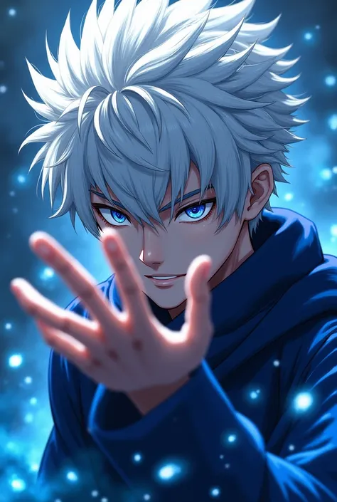 Satoru Gojo with white hair and blue eyes. Le regard fixé et faisons un signe avec la main 