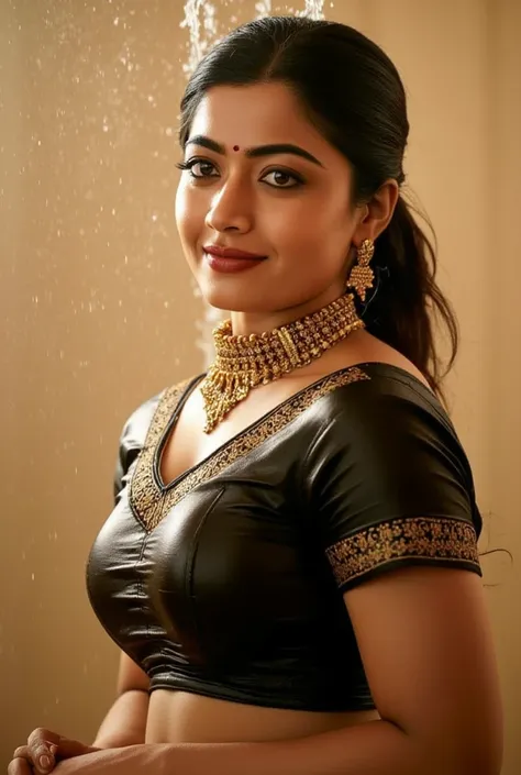 A sexy woman wearing black saree with necklace ,big breast ,full of gold jewellery ,red lipstick vibrant smile ,taking shower of water o her body 