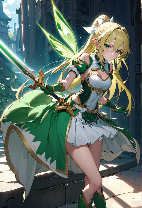  top quality、  Unity 8K Wallpaper、32K、masterpiece、 very detailed、 super high resolution、 very detailedな顔、 RAW photos in the loop、 professional 、  ultra-fine painting 、Magical Fairy Swordsman Leafa、 long blonde hair 、 white hair ribbon、 GREEN EYES、Green mag...