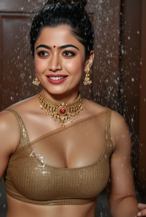 A sexy woman wearing black transparent saree with necklace ,big breast ,cleavage, full of gold jewellery ,red lipstick vibrant smile ,taking shower of water o her body 