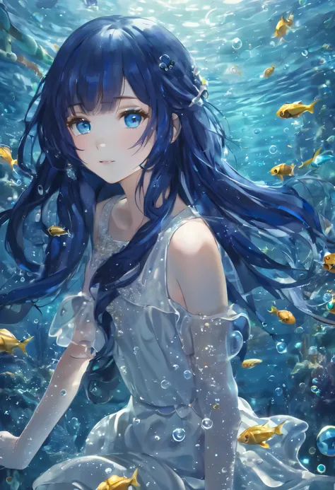 (( dark blue hair long hair 1 girl:1.4))，(( blue eyes))、Full body solo shooting、((seabed:1.4))、Floats in water、Lots of small fish、(( white dress 、 barefoot))、Floating、A lot of bubbles、bubble、jellyfish、Jellyfish、Coral Reef、Starfish、Various fish 、Blue Fish、S...