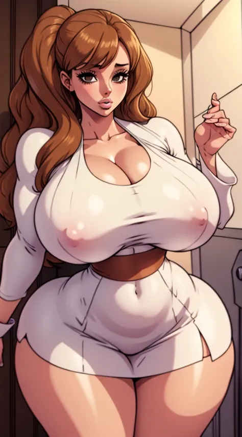 1 ,  brown hair ,  big breasts,  big ass,  thick thighs,  wide hips,  thin waist,  white dress