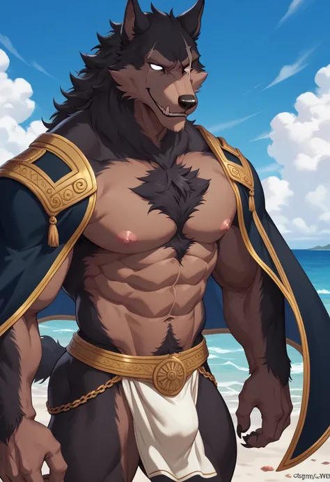 gleipnir,Werewolf,male,, alone,4K, best quality,Short hair,Slim body , slim body ,, Dark Fur , Furry tail ,Hairy chest,Chest muscles,Pink nipples, ,Biceps, are anatomically correct, Fine fur ,pride, soft shadows ,Majestic,Left eye scar  , High Definition E...