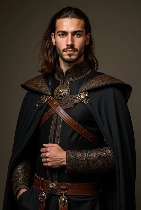 Realistic and detailed image of a tall, athletic and handsome young man, of Thai nationality, long brown hair, short beard and brown eyes, wearing royal and very expensive black medieval clothing with brown and leather details, wearing a royal ring