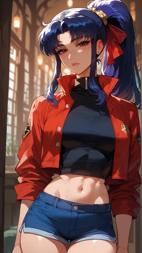 Misato Katsuragi style,  perfect eyes,  perfectly sexy face , ultra detailed,  ultra perfect eyes, hair tied like a ponytail ,  big beautiful woman , standing, dark blue shorts, Body,  looking at the viewer,