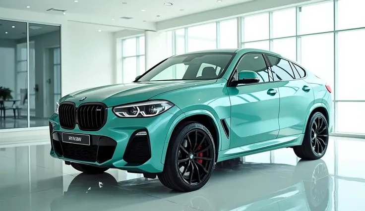 Front side view of painted Seafoam with shiny clour 2025 BMW X6 sleek in large shape sedan in large size with BMW logo on its large detailed grille in shiny white clour with angular sporty design captured from close b front side view with modified sleek he...