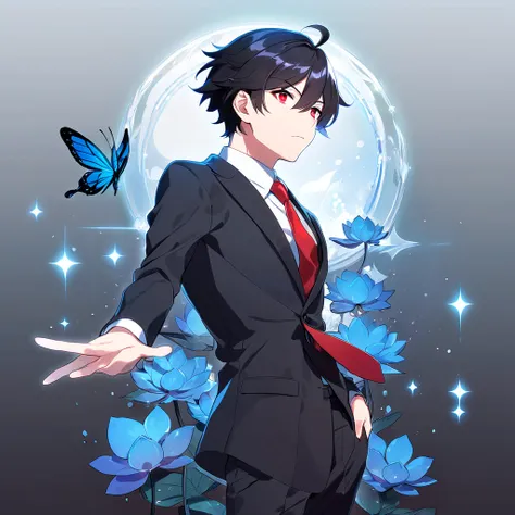 High-quality, ultra-detailed anime art of a charismatic young man with expressive deep red eyes and messy black hair with subtle ahoge. Wearing a black detective hoodie, white shirt, loosely tied red necktie, and formal trousers. He stands confidently amid...