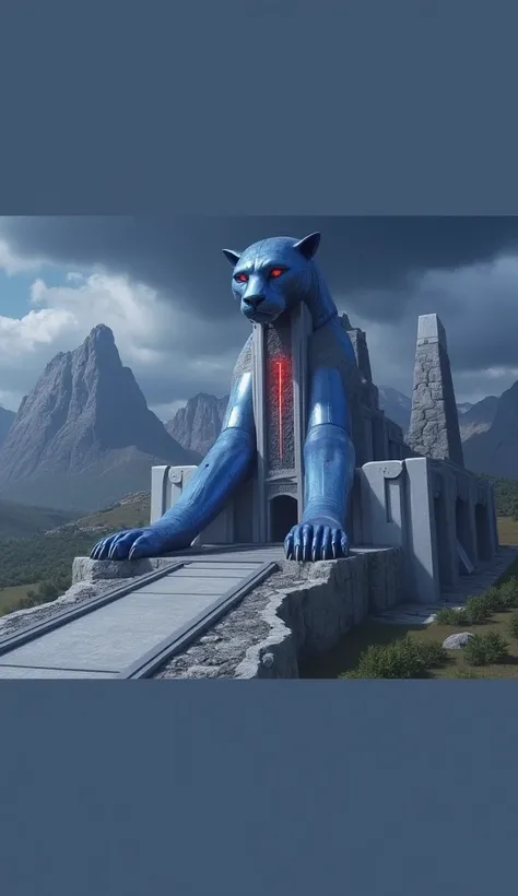 " An imposing futuristic fortress carved on a rocky mountain ,  with a design that mixes advanced technology and brutalist architecture .  The structure has a large front courtyard with two inclined ramps ,  flanked by sculptures of blue panthers crouched ...