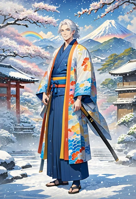 A handsome tall man with extremely fair white skin, long white hair, and rainbow eyes. He's wearing a long Japanese yukata with a blue sash, and two long large golden swords hanging on his waist floating behind him. He's smiling kindly, standing straight, ...