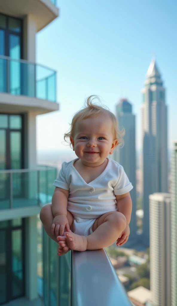 A blond baby,  smiling , wearing a little white outfit ,  sitting dangerously on the edge of a glass balcony in a tall building. In the background, we see blue skies and other modern buildings with balconies .  The image conveys a sense of risk ,  as if th...