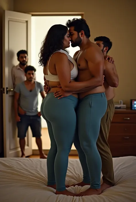 Photo of Voluptuous Fat Mature Indian 49 years old slightly chubby tall Aunty, wearing Tight Blue school tights underwear half pant shorts and White stole around her neck, U cut cleavage exposed, Kissing a Shirtless son on bed, 2 s standing at the door and...