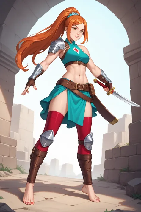 Orihime’s arena fighter-inspired outfit exudes strength and resilience while maintaining a striking, battle-ready look. She wears a cropped, dark crimson battle top, reinforced with leather straps and metallic accents, leaving her navel fully exposed. The ...