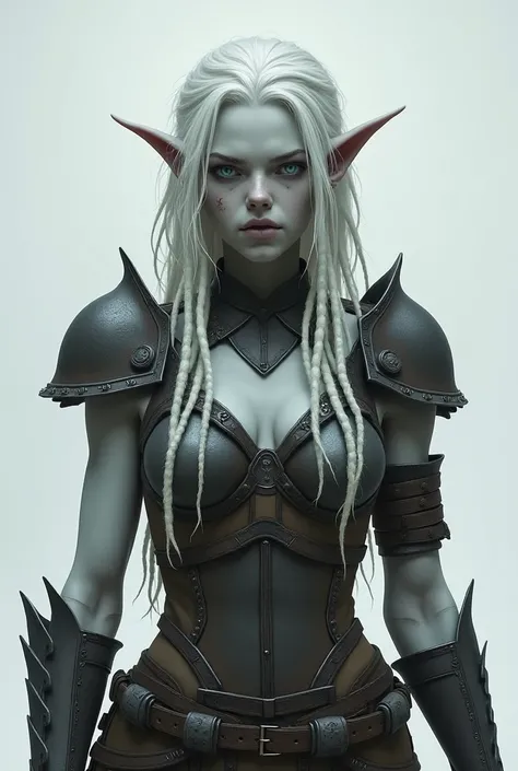 Female fantasy-themed character. The character stands in a three-quarter shot with her head tilted slightly to one side. She has pale, almost ethereal, gray skin, which is a common motif in fantasy art for supernatural or undead figures. Her hair is long, ...