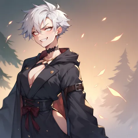 a tomboy with white hair and white eyes. she has a sadistic and evil grin on her face as stands infront of you in a forest at night. she has on a black robe.