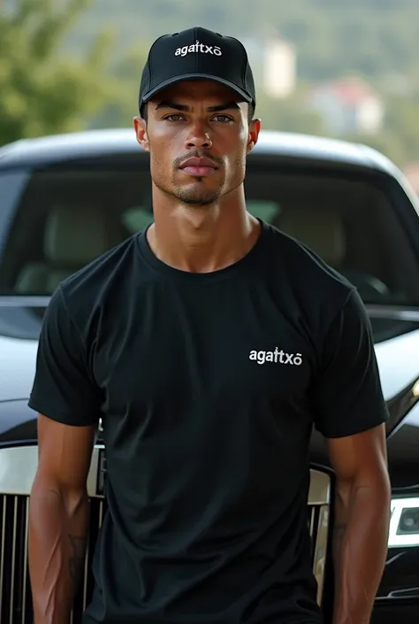 Create a realistic photo of Cristiano Ronaldo in front of a Rolls Royce car wearing a black t-shirt with the phrase AGÄTXÖ and a cap with the phrase AGÄTXÖ 