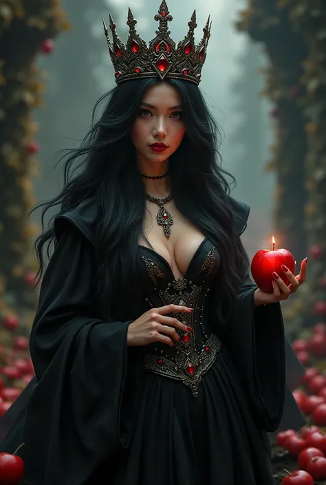 Girl,Black long hair，Black Queen，accessories，Apple in hand，Poison apples，Witch Queen，Red lipstick