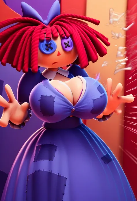 nsfw, single focus , d_LL,  1 girl,Rag-doll ,  red threadlike hair ,  flat orange triangle nose , The button's right eye is blue, the actual left eye is black,  purple ribbon in hair , crop top, Hands press together,Big Breasts, looking at viewer,, score_9...