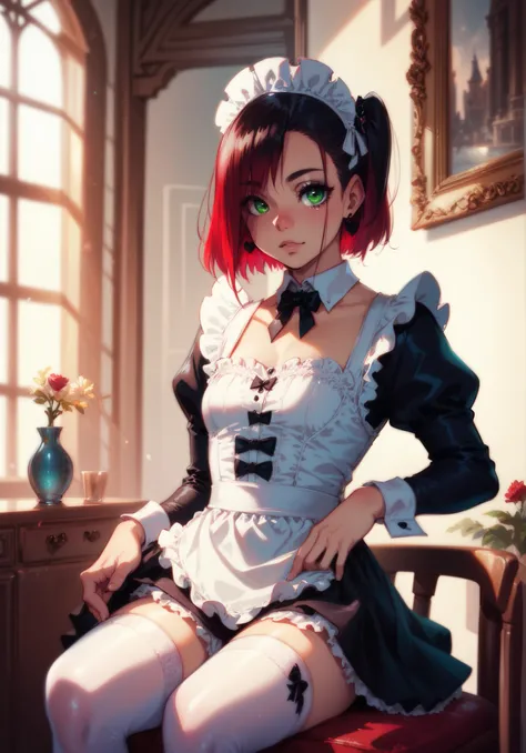 made by melkor mancin, detailed face, 1girl, solo, colored hair, short hair, side up twin tail, beautiful green eyes, naturally sagging small breasts, petite body, sitting, arms behind, indoors, maid outfit, maid cosplay, black thigh highs, nsfw,